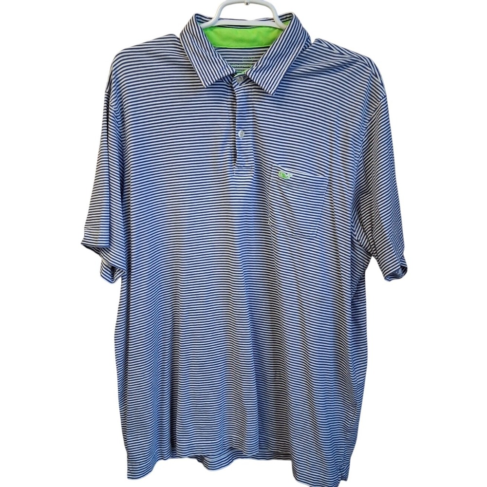Vintage Vineyard Vines Polo 2014 Blue/Whited‎ Striped Neon Green XL EUC
